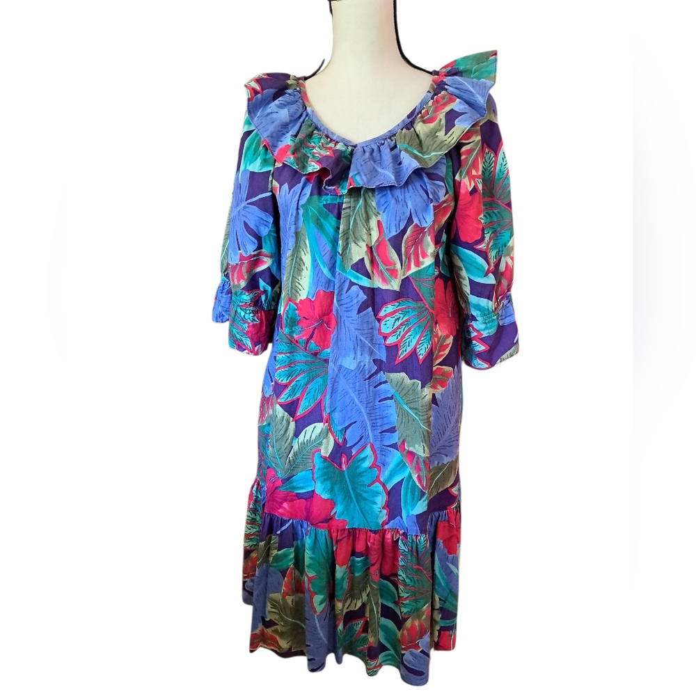 Hili Hattie Hawaiian Print Ruffle Neck Dress USA cotton Small
